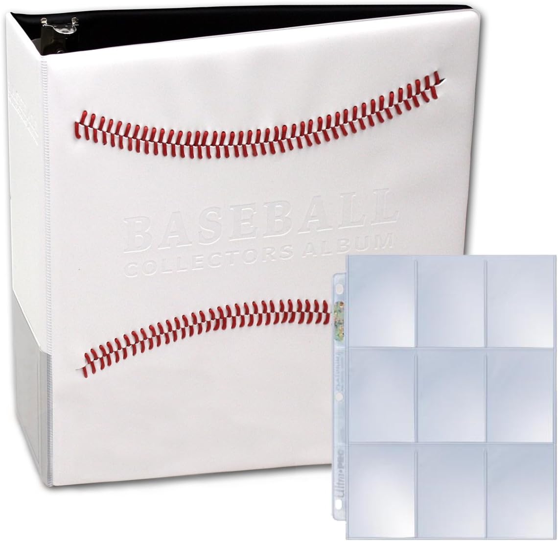 White Stitched Baseball Card Collectors Album with 25 Premium Ultra Pro 9 Pocket Pages Included (3" D-Ring Binder w/25 Pages) - MEFELE Cln