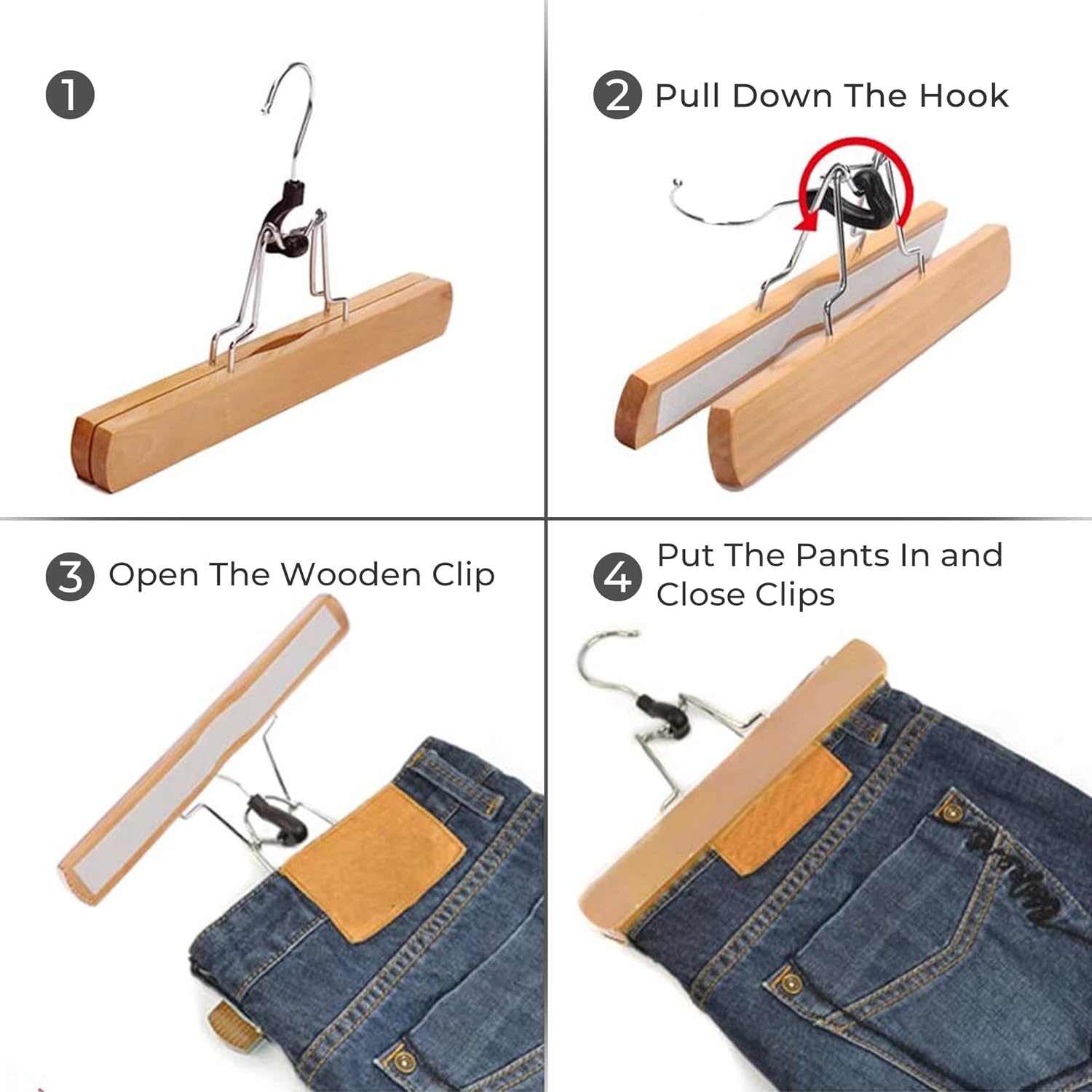 JS Hanger Natural Solid Wooden Collection Slack Hanger, Wood Skirt Hangers, Natural Polished, Set of 10 - MEFELE Cln