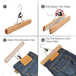 JS Hanger Natural Solid Wooden Collection Slack Hanger, Wood Skirt Hangers, Natural Polished, Set of 10 - MEFELE Cln