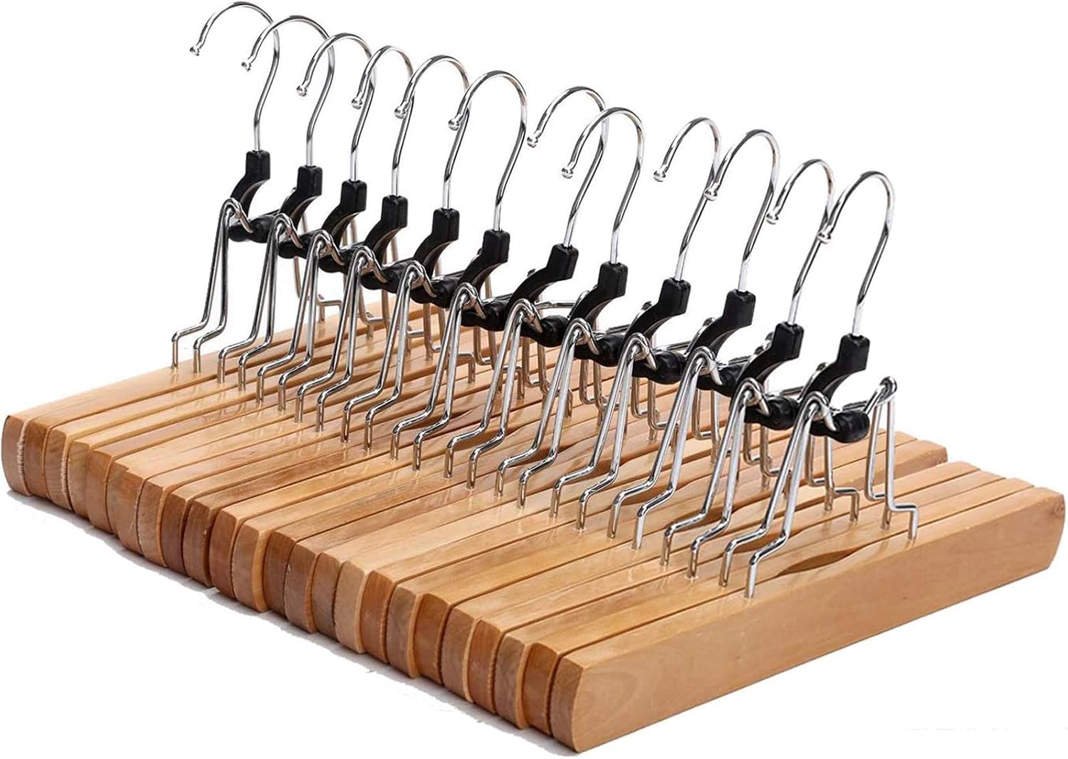 JS Hanger Natural Solid Wooden Collection Slack Hanger, Wood Skirt Hangers, Natural Polished, Set of 10 - MEFELE Cln