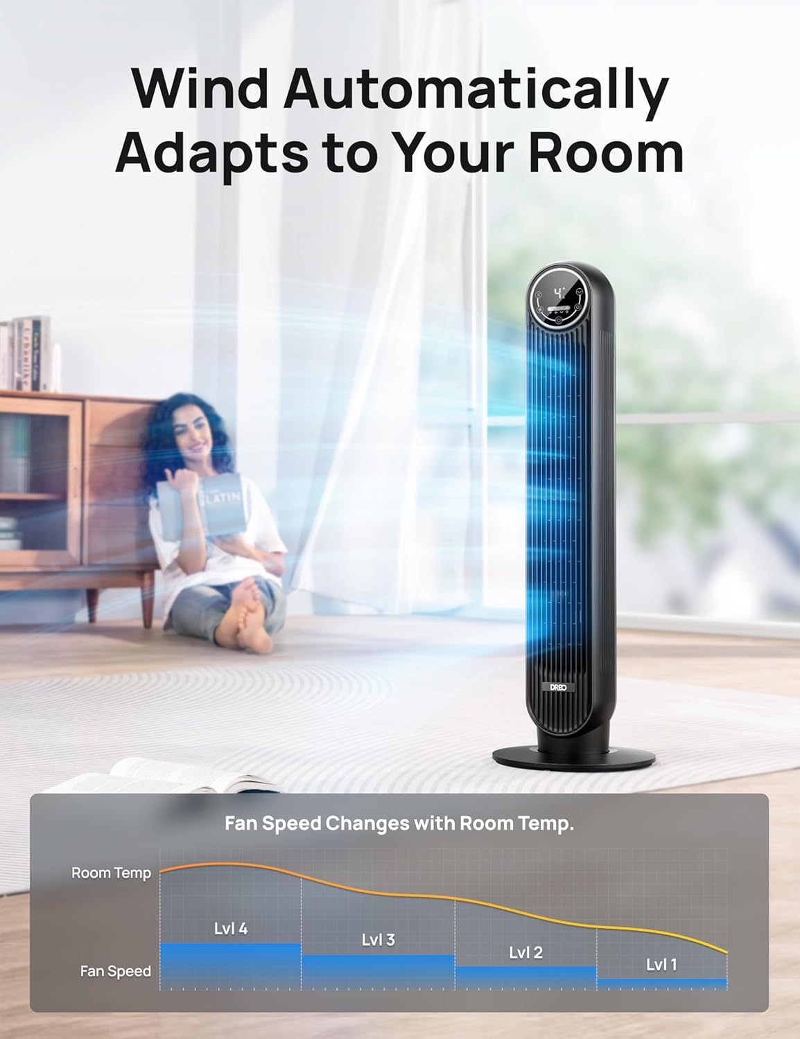 Dreo Tower Fan for Bedroom, 25ft/s Velocity Quiet Floor Fan, 90° Oscillating Fans for Indoors with 4 Speeds, 4 Modes, 8H Timer, Standing Fans, Bladeless Fan, Black, Nomad One (DR-HTF007)