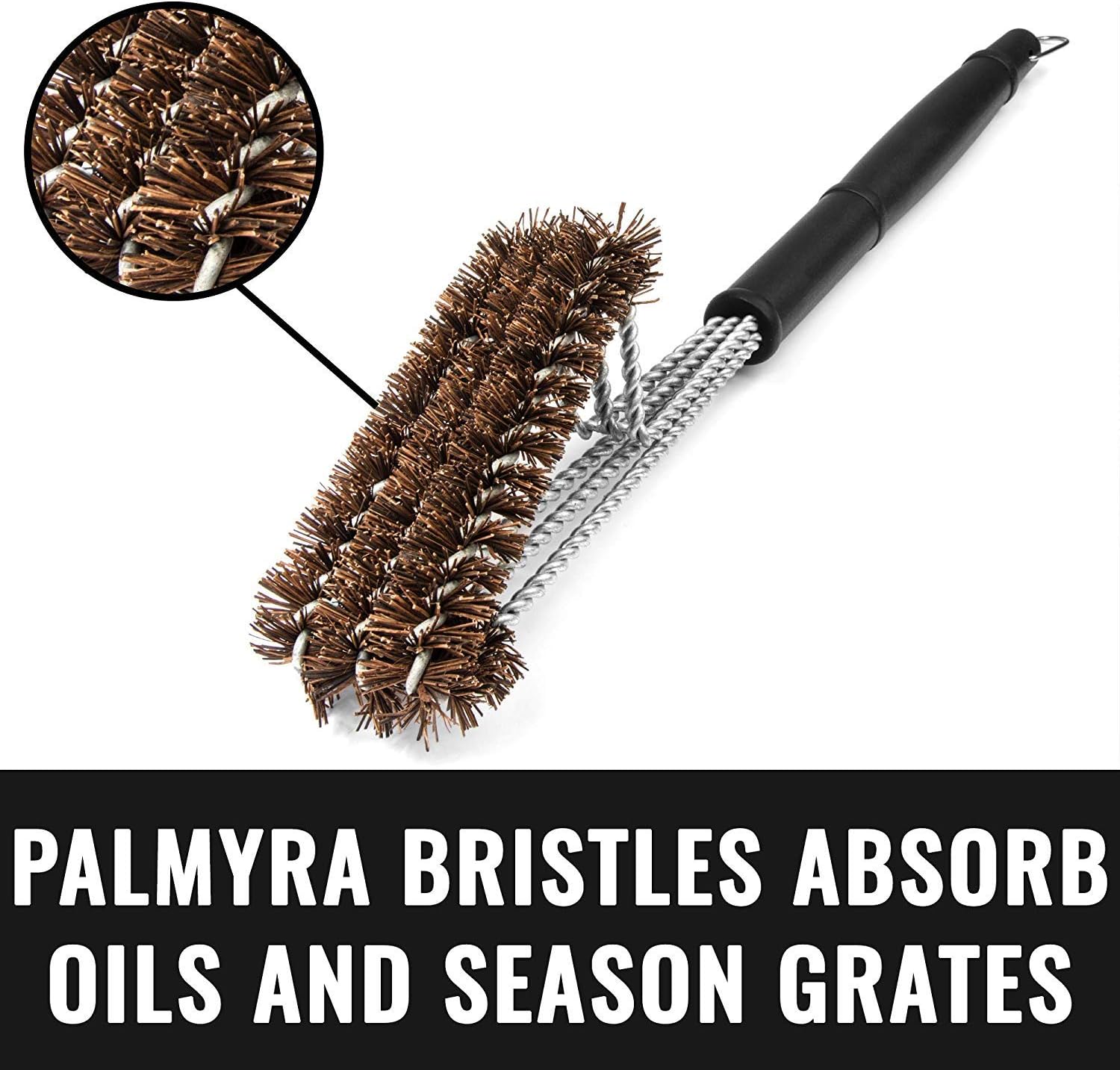 Grillaholics Essentials Grill Brush Palmyra - Natural Palmyra Bristle Brushes Clean Between The Grates and Season Your Grill - Lifetime Manufacturers Warranty