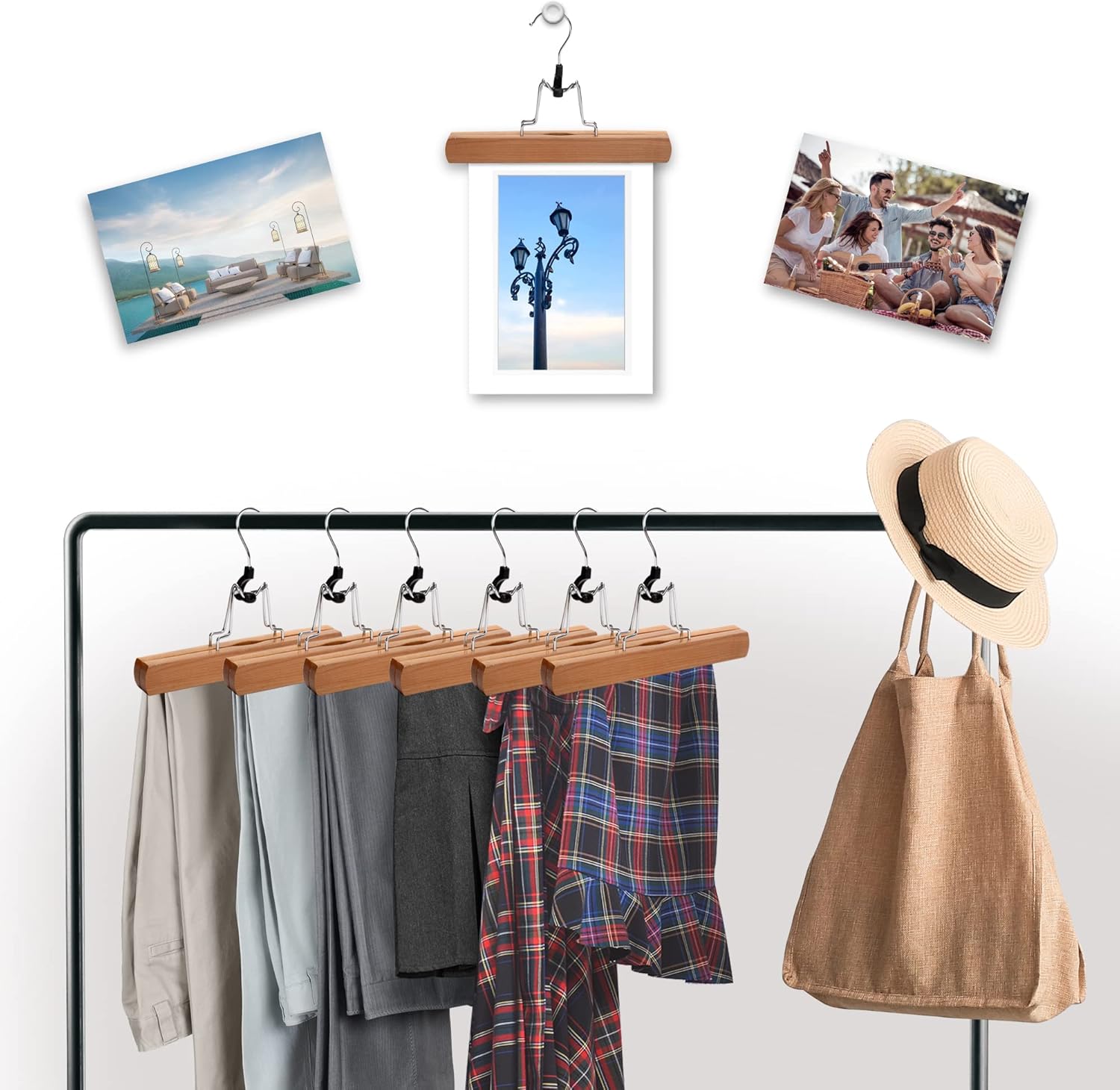JS Hanger Natural Solid Wooden Collection Slack Hanger, Wood Skirt Hangers, Natural Polished, Set of 10 - MEFELE Cln