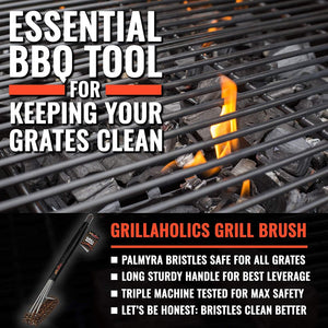Grillaholics Essentials Grill Brush Palmyra - Natural Palmyra Bristle Brushes Clean Between The Grates and Season Your Grill - Lifetime Manufacturers Warranty