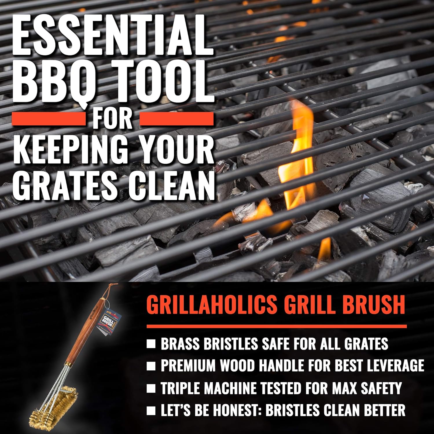 Grillaholics Pro Brass Grill Brush - Softer Brass Bristle Wire Grill Brush for Safely Cleaning Porcelain and Ceramic Grates - Lifetime Manufacturer's Warranty