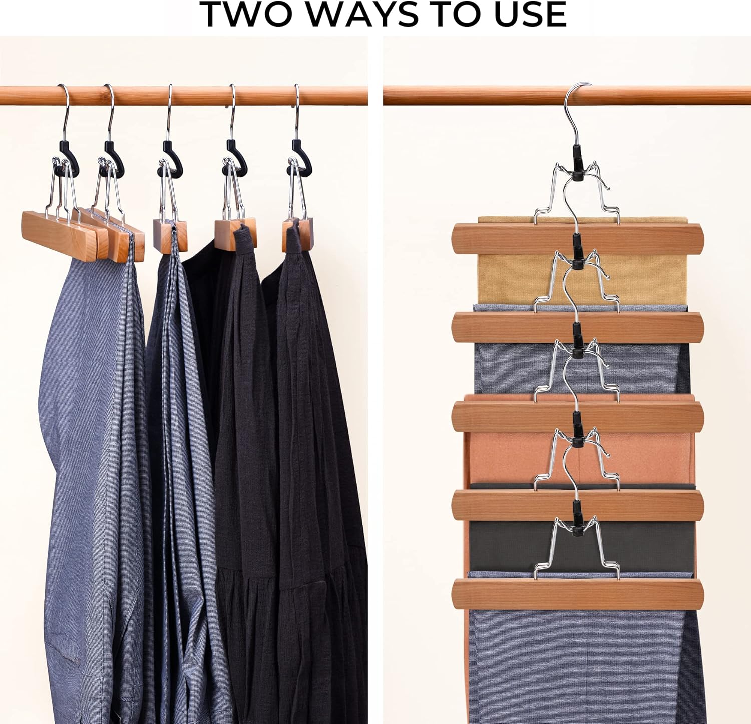 JS Hanger Natural Solid Wooden Collection Slack Hanger, Wood Skirt Hangers, Natural Polished, Set of 10 - MEFELE Cln