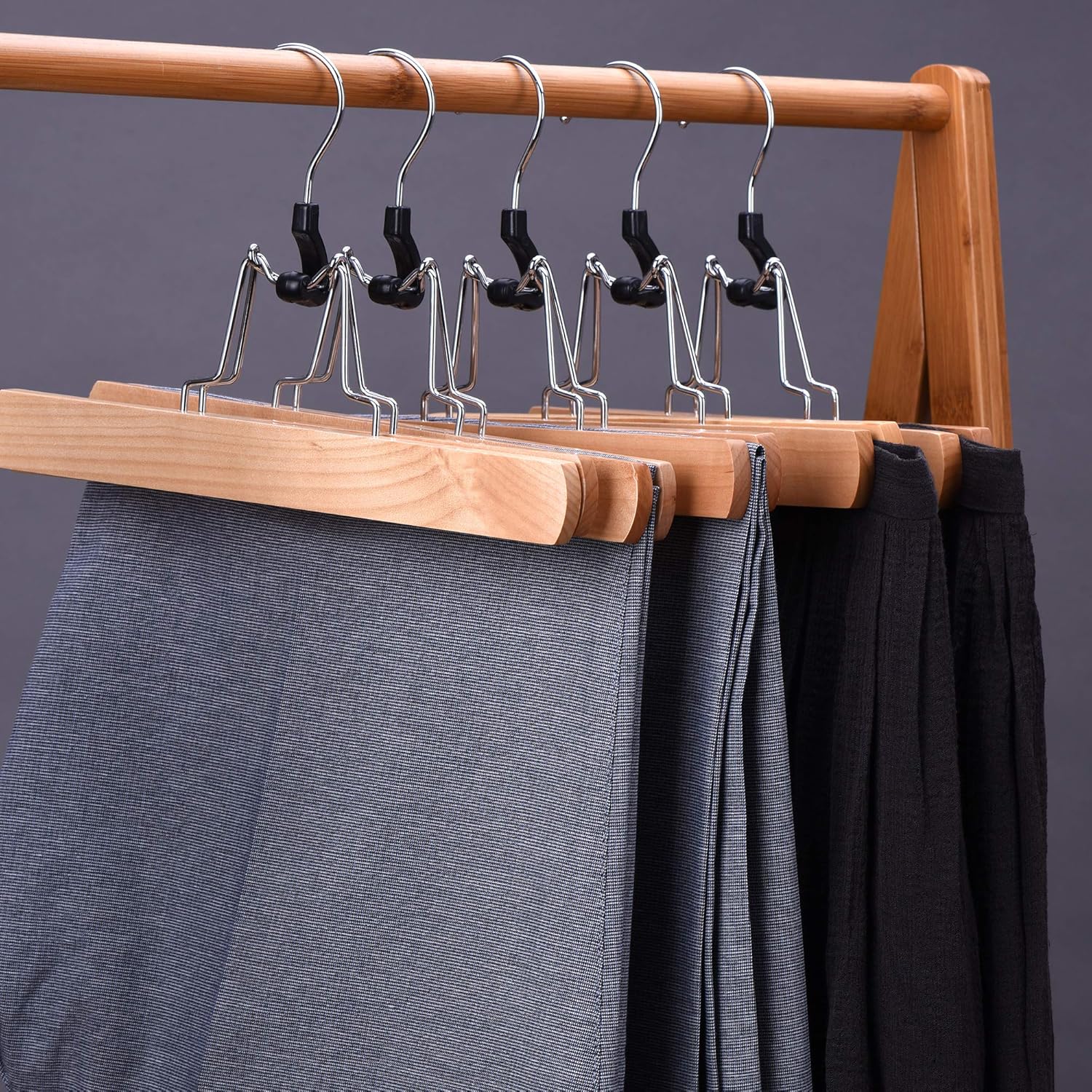 JS Hanger Natural Solid Wooden Collection Slack Hanger, Wood Skirt Hangers, Natural Polished, Set of 10 - MEFELE Cln
