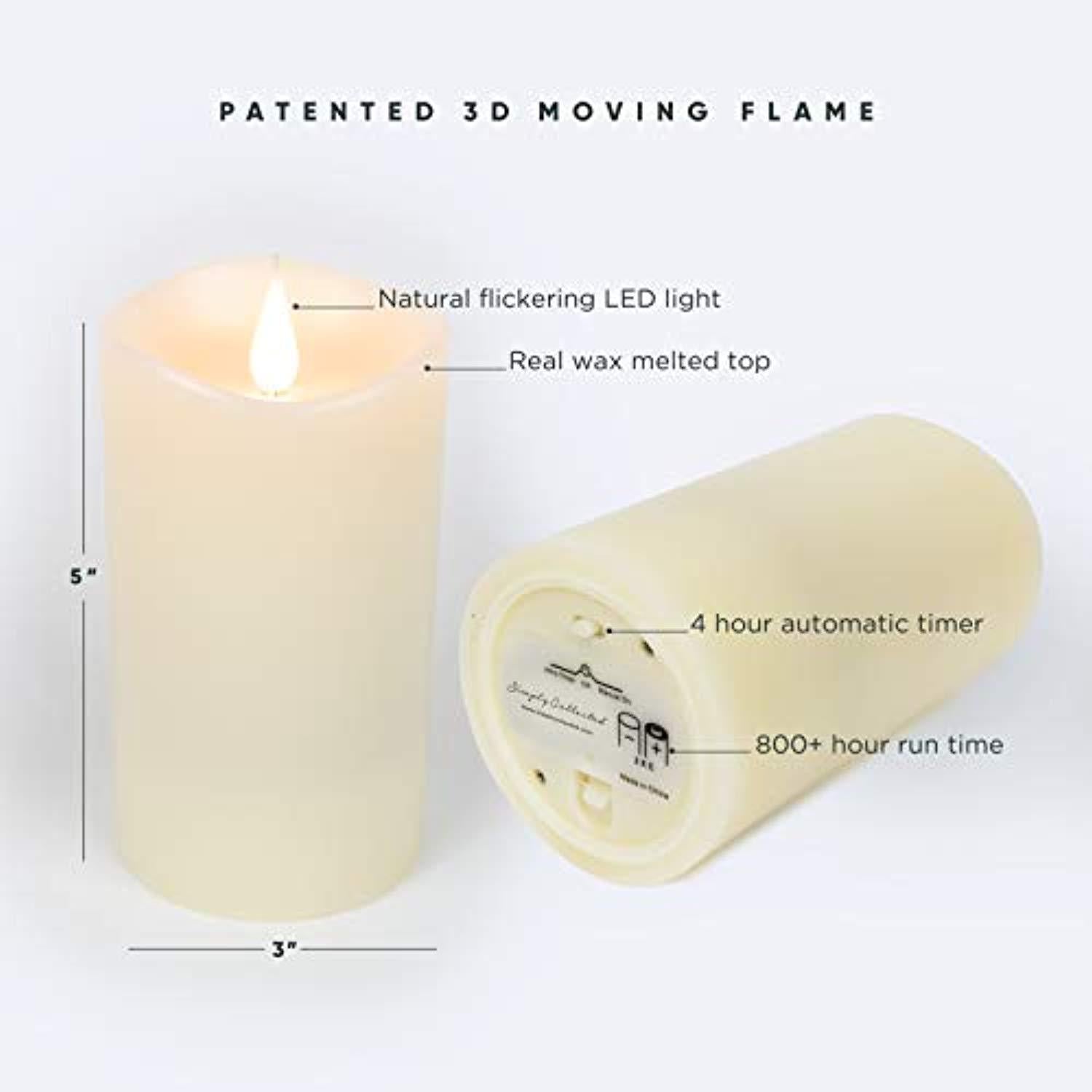 FLAMELESS CANDLES with Realistic Flickering Flame - Authentic Candle Light for a Relaxing, Beautiful home; Real Wax Pillar with Timer, Battery Operated LED, Unscented, Ivory White, 3x5"
