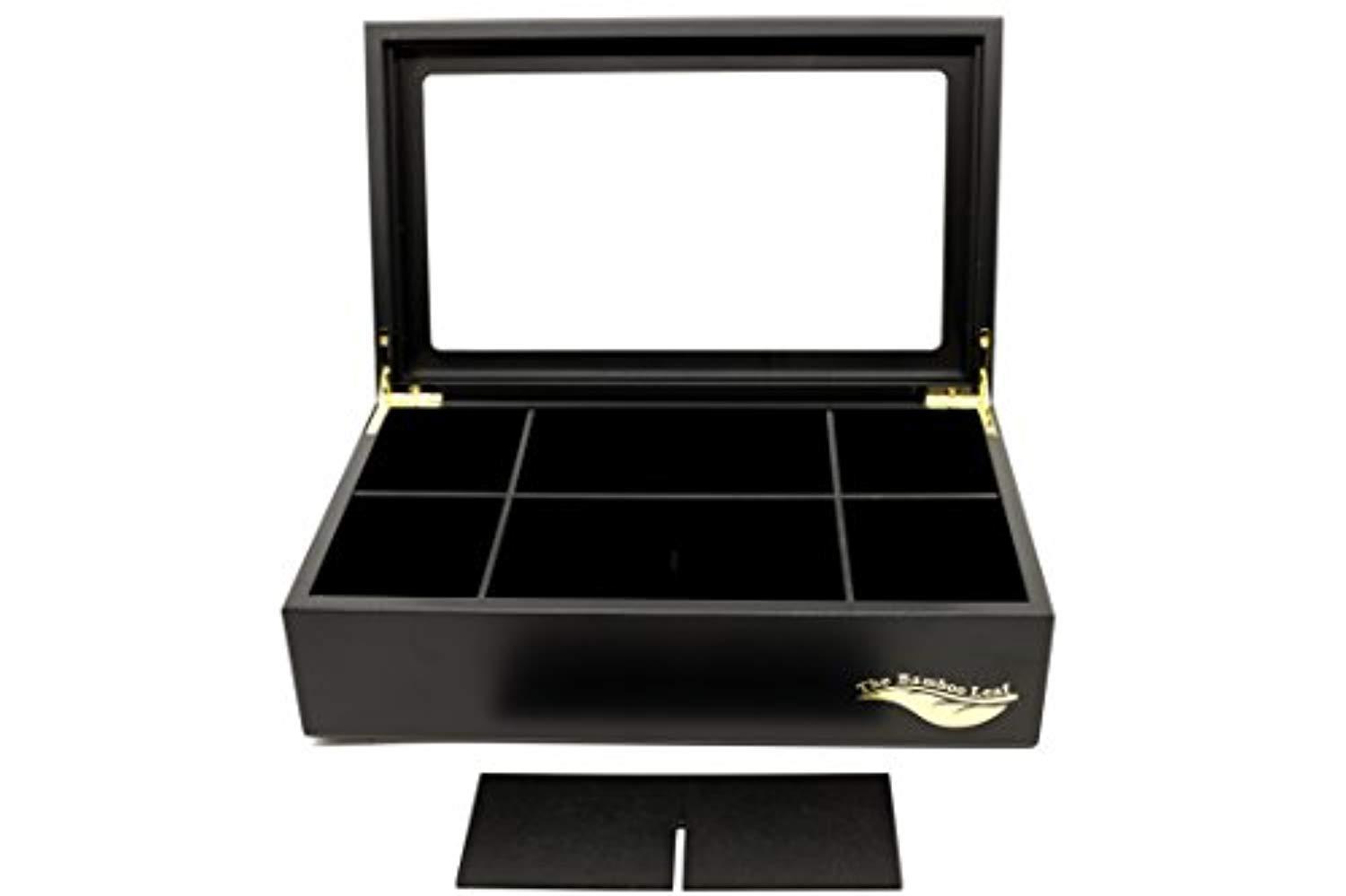 The Bamboo Leaf Wooden Tea Storage Chest Box with 8 Compartments and Glass Window (Black)