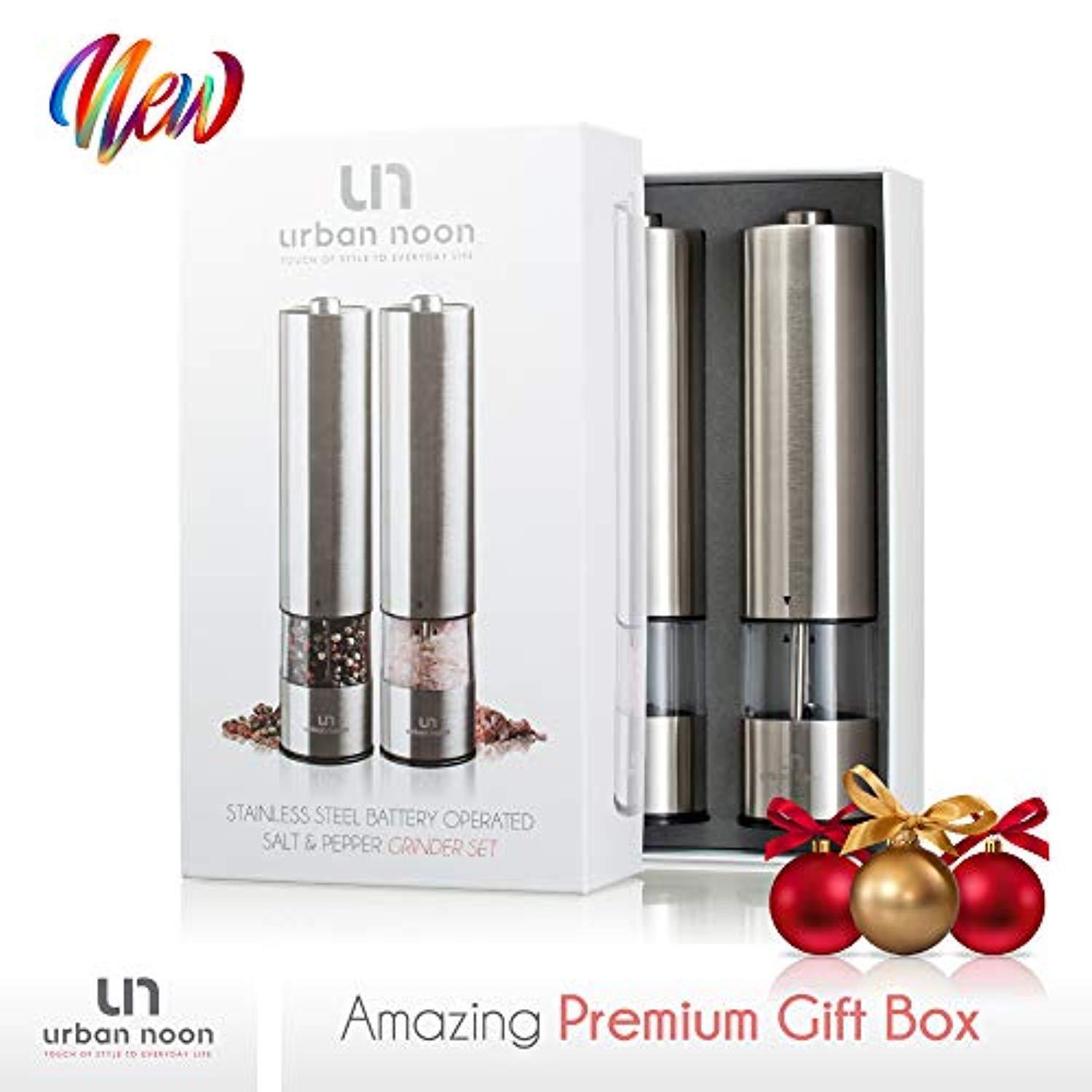 Electric Salt and Pepper Grinder Set - Battery Operated Stainless Steel Mill with Light (Pack of 2 Mills) - Electronic Adjustable Shakers - Ceramic Grinders - Automatic One Handed Operation