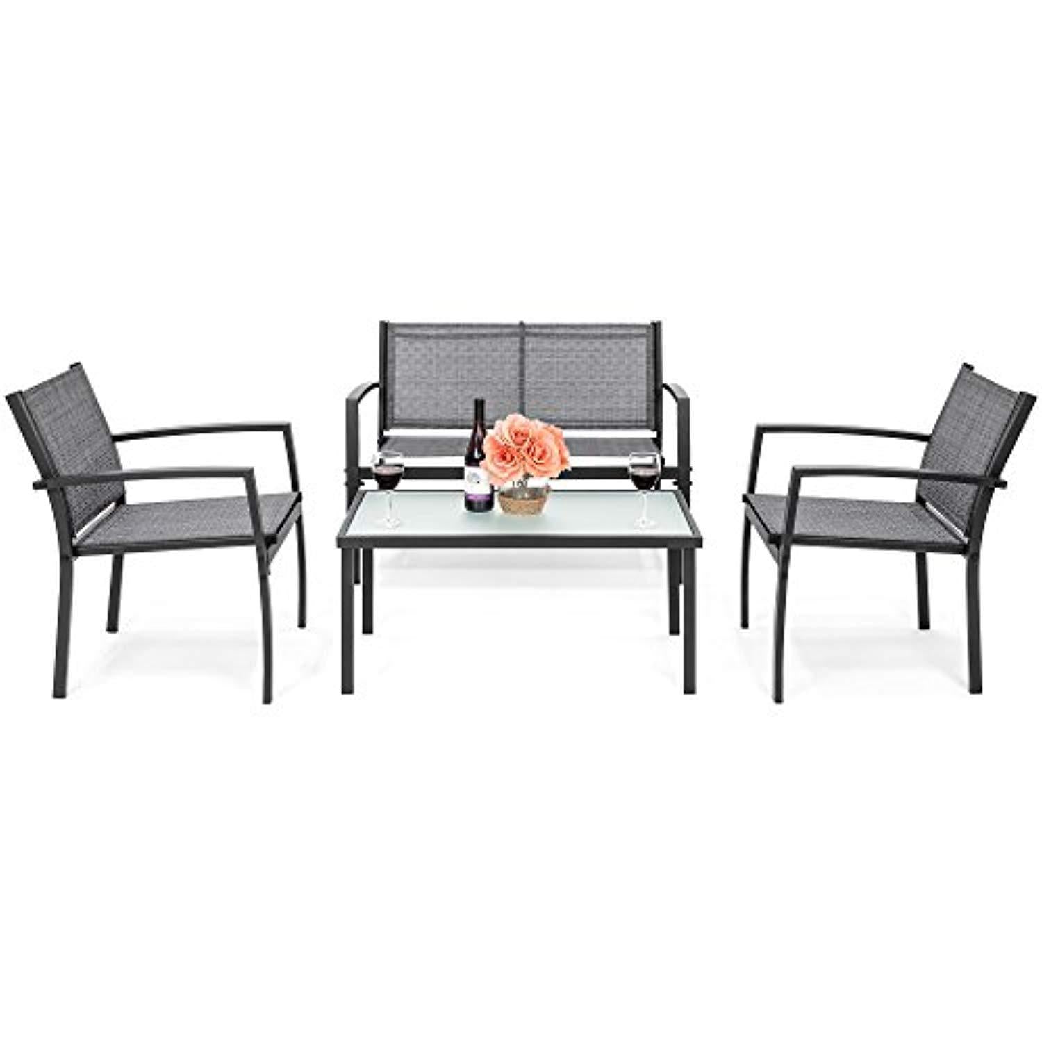 Best Choice Products 4-Piece Patio Metal Conversation Furniture Set w/Loveseat, 2 Chairs, and Glass Coffee Table- Gray