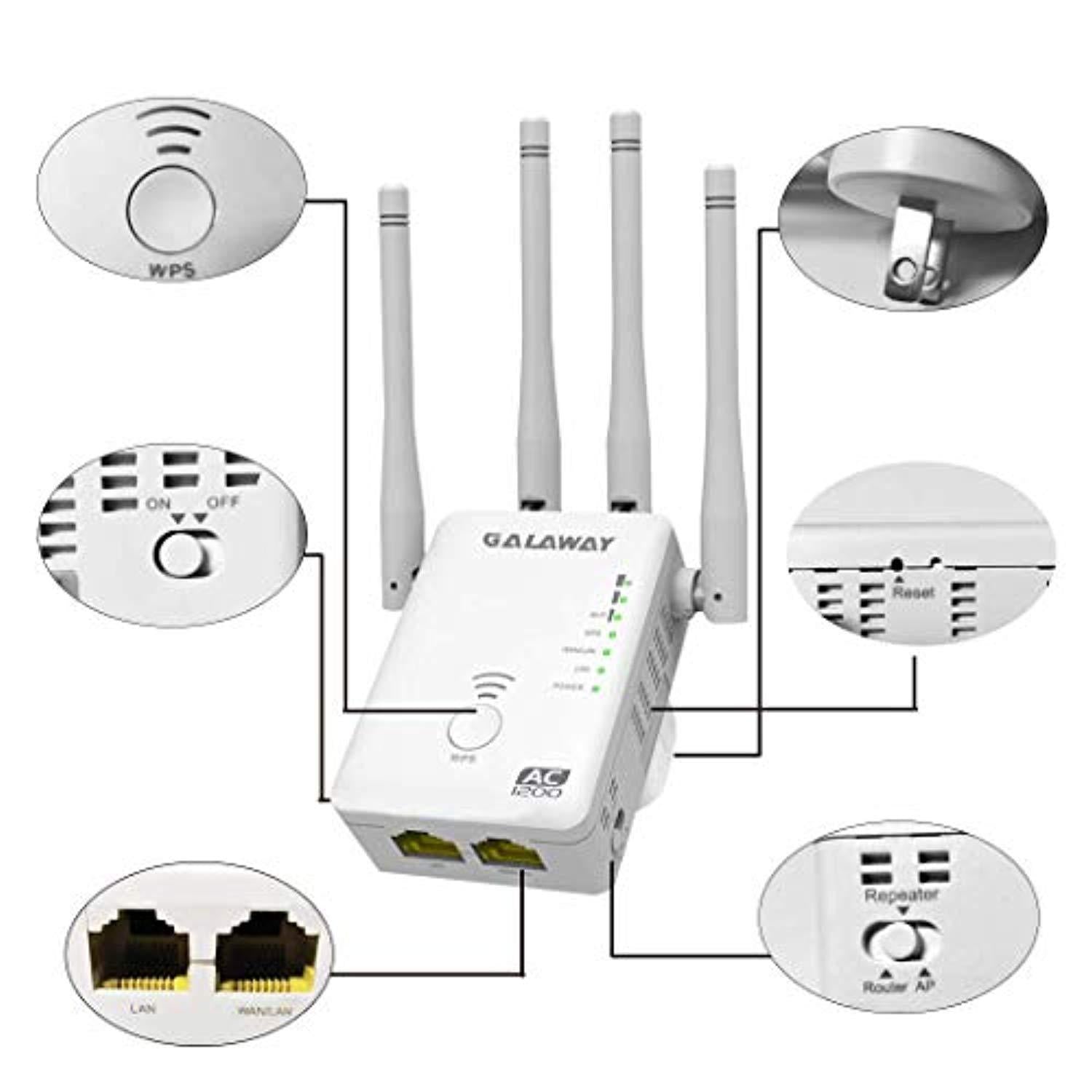 GALAWAY 1200Mbps WiFi Range Extender 2.4GHz and 5GHz Signal Extenders Internet Booster 360 Degree  Wifi Booster Signal Amplifier with 4 Antennas