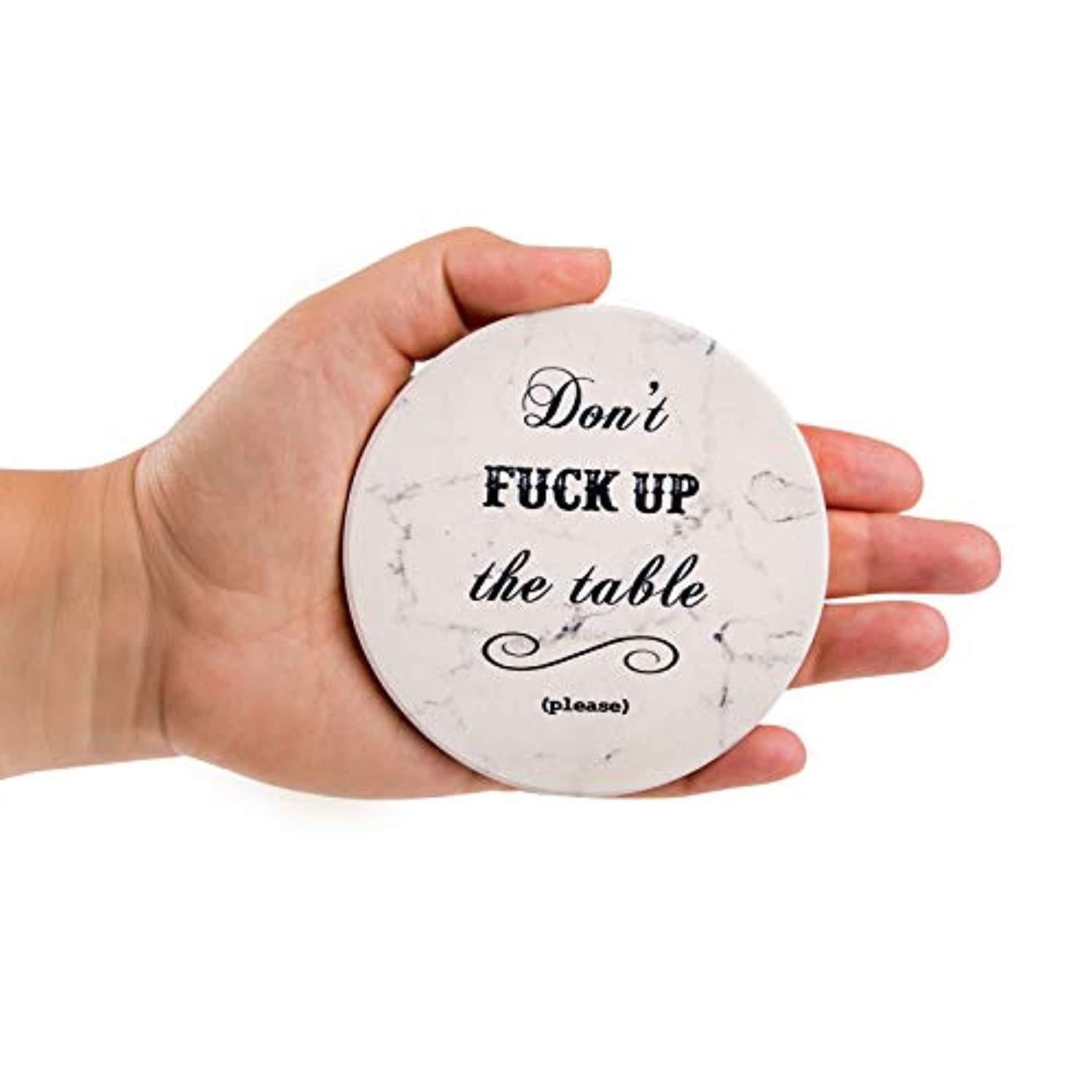 Urban Mosh Coasters for Drinks - Funny Absorbent Ceramic Stone Set of 6 White Marble Style with Cork Backing and Holder Included, Protect Your Furniture From Spills, Scratches, Water Rings and Damage
