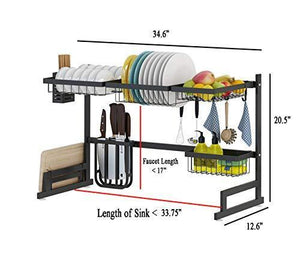 Stainless Steel Black Dish Drying Rack Over Kitchen Sink, Dishes and Utensils Draining Shelf, Kitchen Storage Countertop Organizer, Utensils Holder, Kitchen Space Saver (For Sink ≤ 32.5 inch)