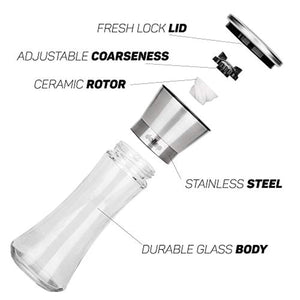 Salt & Pepper Grinder Set – Salt & Pepper Shakers with lid - brushed stainless steel Pepper Mill and Salt Mill - Adjustable Ceramic Rotor - Glass body - Silicone funnel collapsible & 2 citrus sprayer