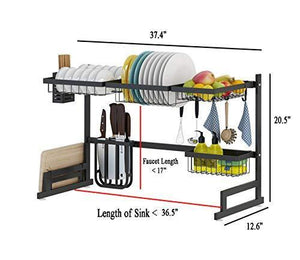 Stainless Steel Black Dish Drying Rack Over Kitchen Sink, Dishes and Utensils Draining Shelf, Kitchen Storage Countertop Organizer, Utensils Holder, Kitchen Space Saver (For Sink ≤ 32.5 inch)