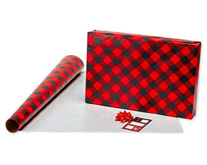 American Greetings Christmas Bulk Gift Wrapping Paper Set with Gridlines and Bows and Gift Tags; Red, Black and White, Plaid, Script, Reindeer and Snowflakes