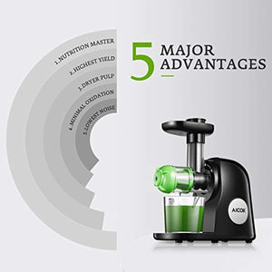 Juicer Machines, Aicok Slow Masticating Juicer Extractor Easy to Clean, Quiet Motor & Reverse Function, BPA-Free, Cold Press Juicer with Brush, Juice Recipes for Vegetables and Fruits