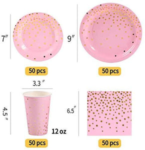 Duocute Pink and Gold Party Supplies 200Pcs Disposable Pink Paper Plates 12oz Cups Napkins Dinnerware Set Golden Dot Theme Party Wedding Bachelorette Girl Birthday Baby Shower, Serves 50
