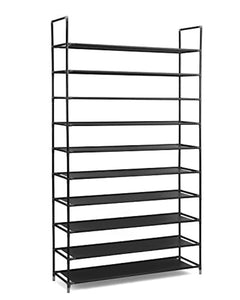 Halter 10 Tier Stackable Shoe Rack Storage Shelves - Stainless Steel Frame Holds 50 Pairs of Shoes - 39.125" X 11.125" X 69.5" - Black