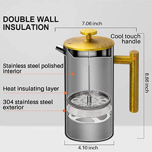 Secura French Press Coffee Maker, 304 Grade Stainless Steel Insulated Coffee Press with 2 Extra Screens, 34oz (1 Litre), Silver