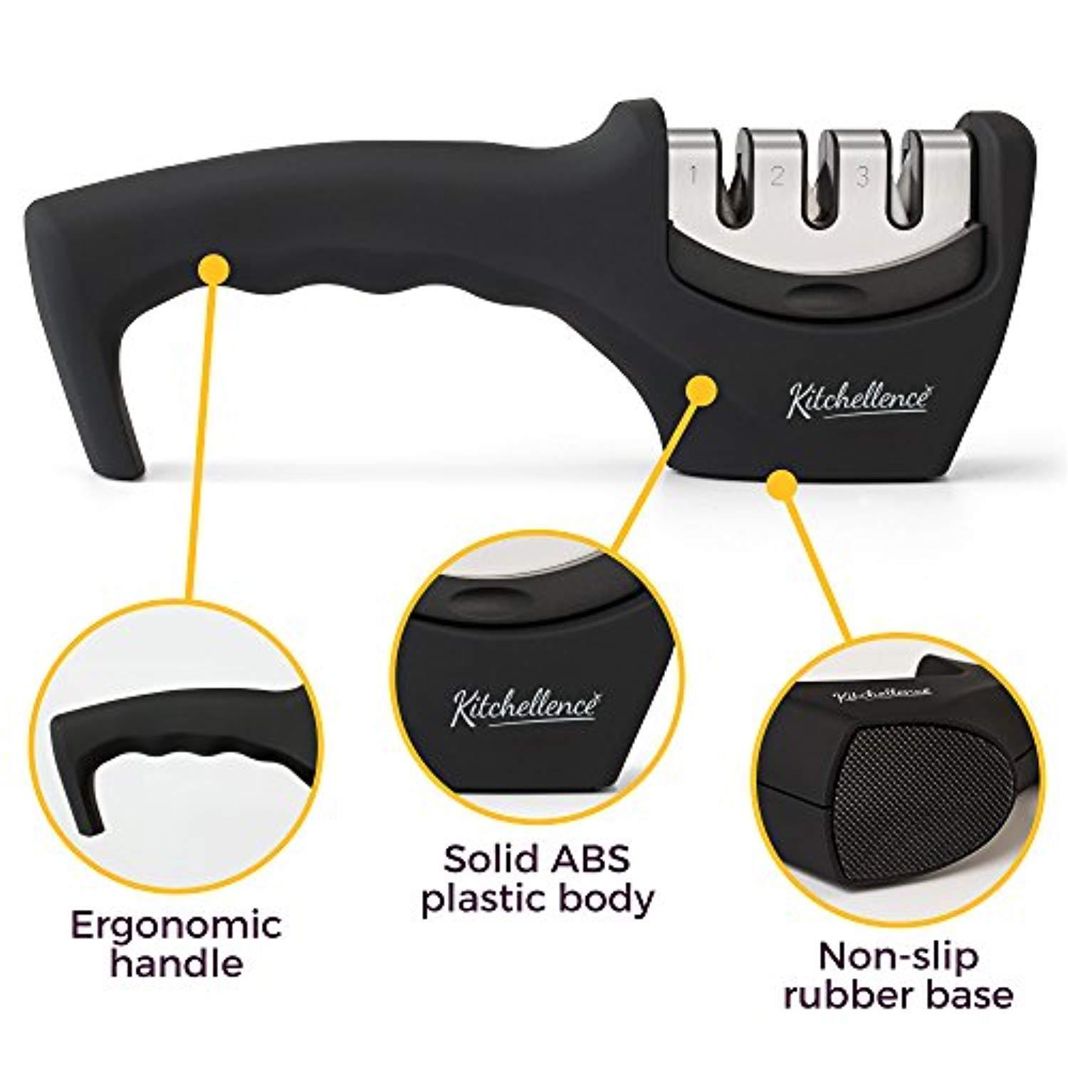 Manual Knife Sharpener,Kitchen Knife Sharpeners - 3 Stage Diamond Coated, Tungsten and Ceramic Wheel System