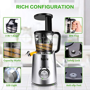 Argus Le Masticating Juicer, Slow Juice Extractor for Higher Nutrient and Vitamins, Easy to Clean Cold Press Juicer for All Fruits and Vegetables (Brushed Silver)