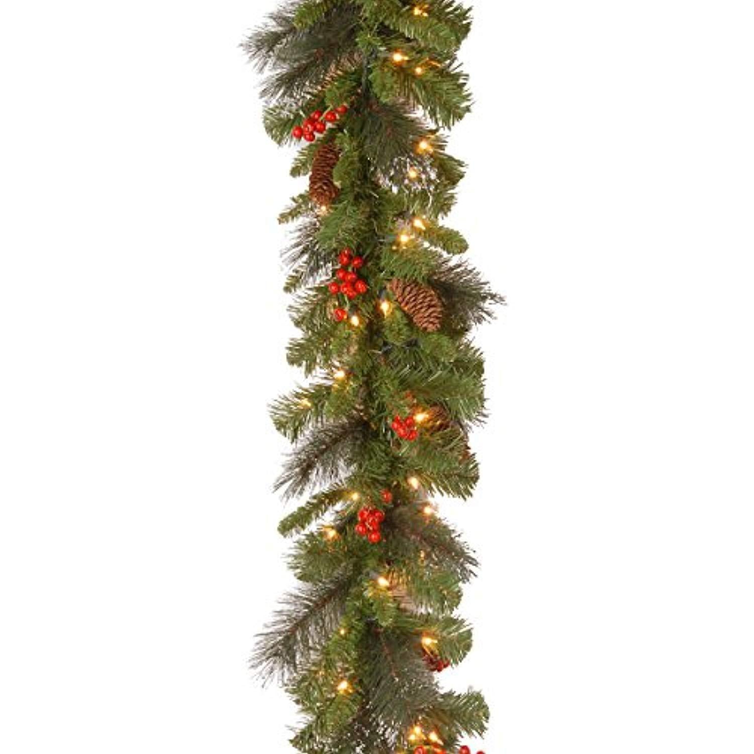 National Tree 9 Foot by 10 Inch Crestwood Spruce Garland with Silver Bristle, Cones, Red Berries and 50 Clear Lights (CW7-306-9A-1)