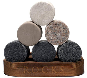 Whiskey Chilling Stones - Set of 6 Handcrafted Premium Granite Round Sipping Rocks - Hardwood Presentation & Storage Tray - Perfect Gift by R.O.C.K.S. by ROCKS WHISKEY CHILLING STONES