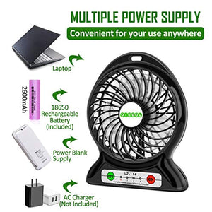 YOULANDA Battery Operated Fan, Personal Handheld USB Fan, Portable, Rechargeable, 3 Speeds, 2600 mAh Battery, Small Desk Fan with Internal and Side Light, Cooling for Travel,Camping, Boating,Fishing