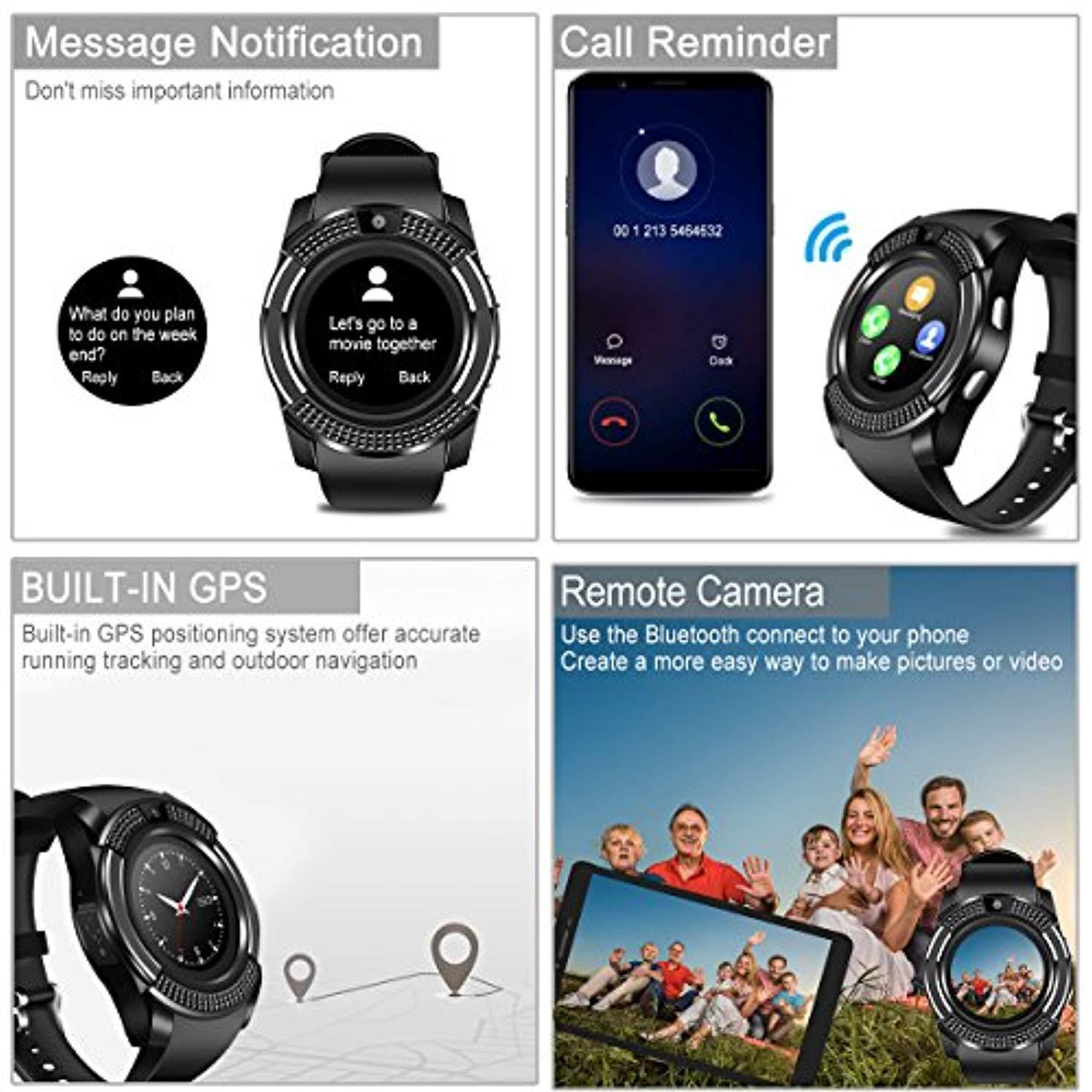 Smart Watch,Bluetooth Smartwatch Touch Screen Wrist Watch with Camera/SIM Card Slot,Waterproof Phone Smart Watch Sports Fitness Tracker Compatible Android Phone iOS Phones (V8-Black)