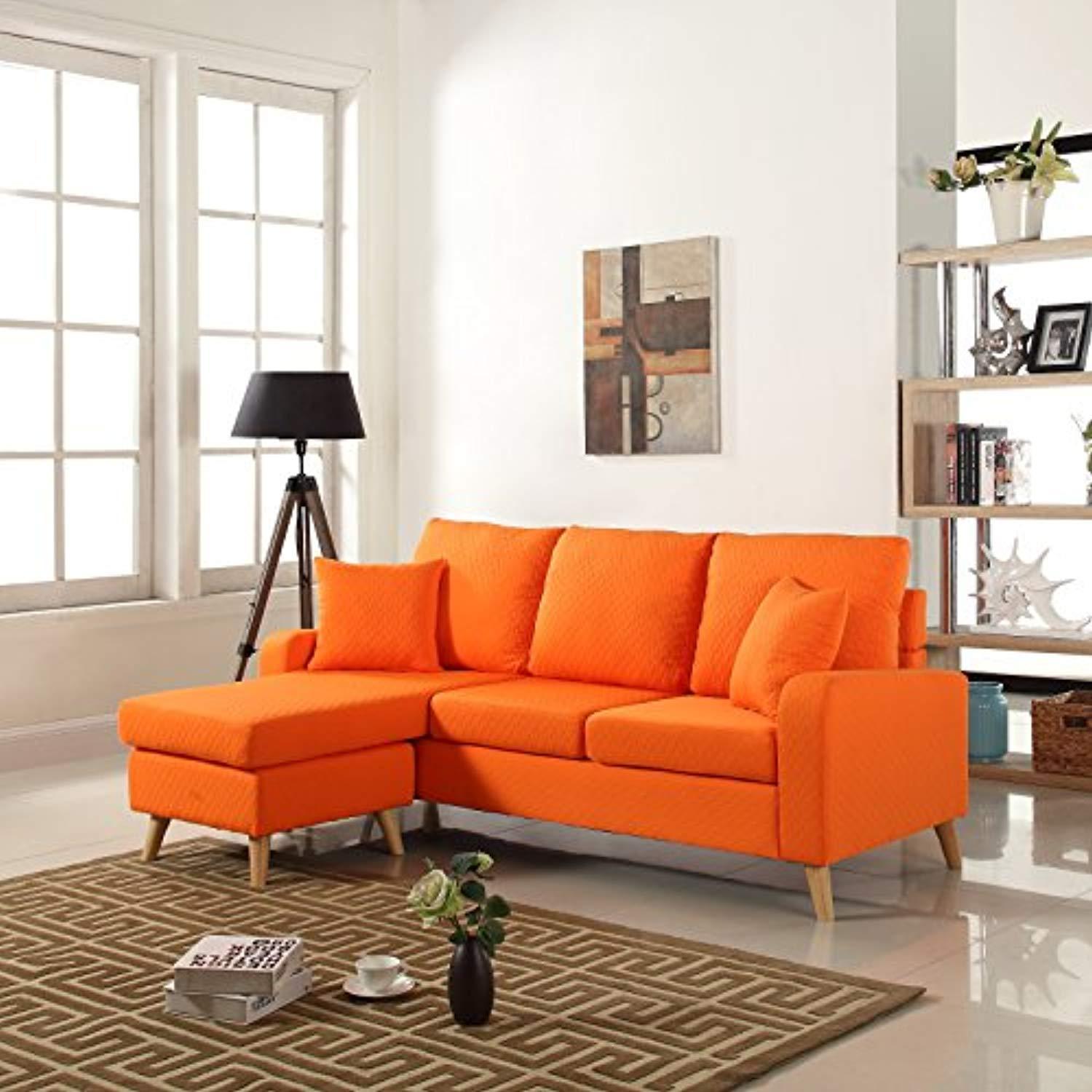 Divano Roma Furniture Mid Century Modern Linen Fabric Small Space Sectional Sofa Reversible Chaise (Orange)