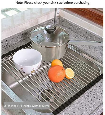 Miligore Over Sink Dish Drying Rack 21 inches x 16 inches, 304 Stainless Steel Large Sink Rack Dish Drainers Rack, Foldable, Rollable and Easy to Store, Black