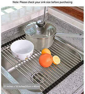 Miligore Over Sink Dish Drying Rack 21 inches x 16 inches, 304 Stainless Steel Large Sink Rack Dish Drainers Rack, Foldable, Rollable and Easy to Store, Black