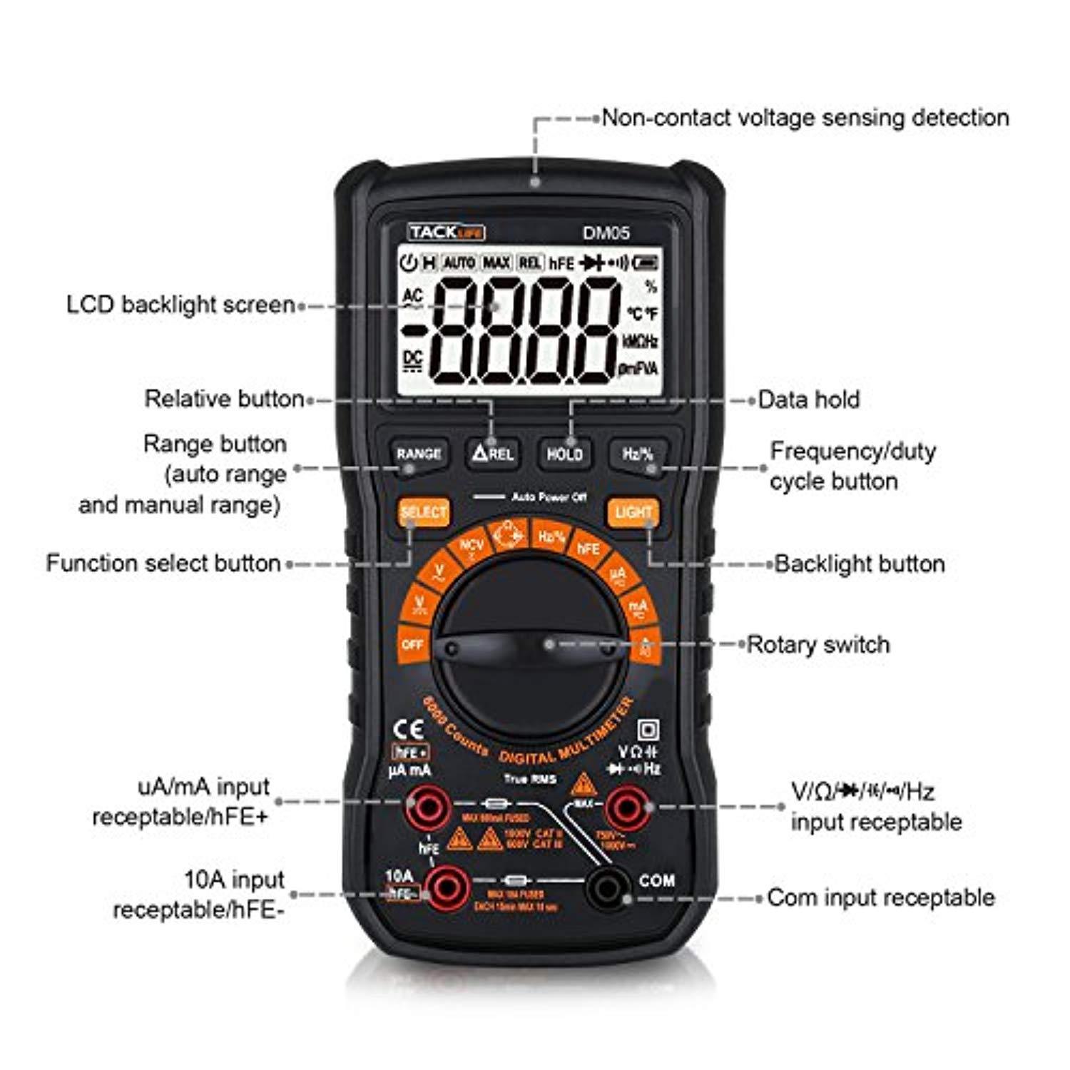 Multimeter, Tacklife DM05 electronic tester, TRMS 6000 Counts, Auto-Ranging, Measuring Voltage Tester, Current, NCV, Resistance, Continuity, Frequency, Test Diode, Triode, Capacitance, Duty Cycle