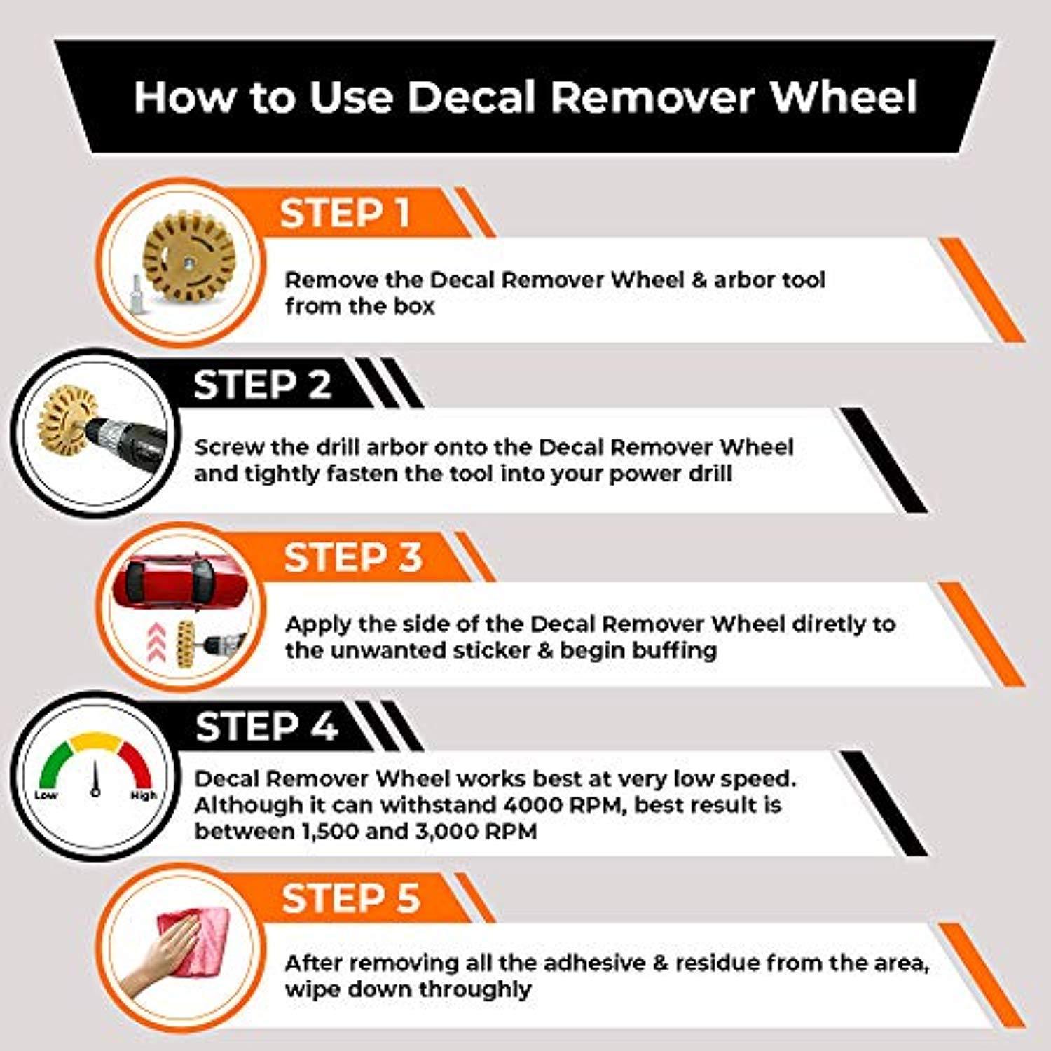 Decal Removal Eraser Wheel Tool Kit - 4 inch Rubber Power Drill Attachment for Removing Pinstripes, Stickers, Adhesive Vinyl Decals from Cars, Rvs, Boats and More by Canopus