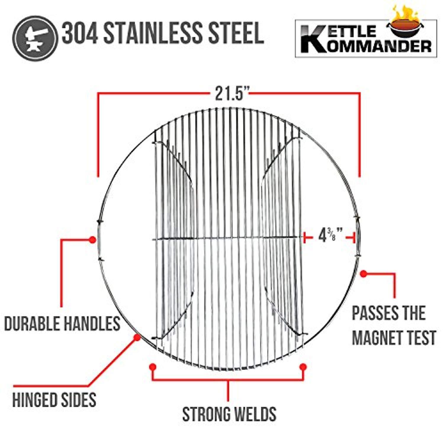 Kettle Kommander 22.5 Inch 304 Stainless Steel 4.5 mm Hinged Grilling/Cooking Replacement Grate - for use in 22" Weber Charcoal Grills - Stronger Design