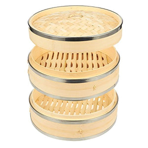 Juvale Bamboo Steamer Basket - 2-Tier Dim Sum Bamboo Steamer with Steel Rings for Cooking, 10 x 6.7 x 10 Inches