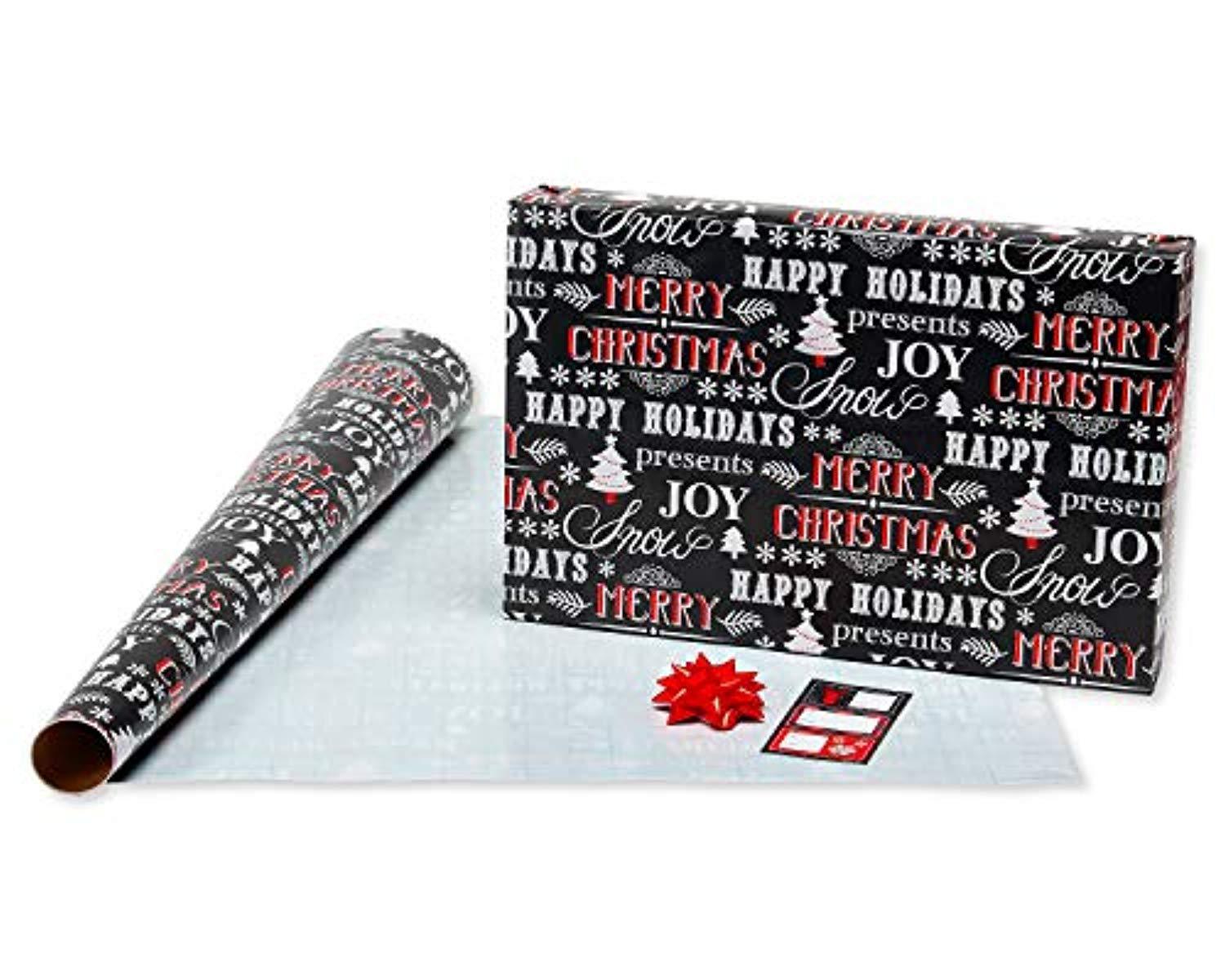 American Greetings Christmas Bulk Gift Wrapping Paper Set with Gridlines and Bows and Gift Tags; Red, Black and White, Plaid, Script, Reindeer and Snowflakes