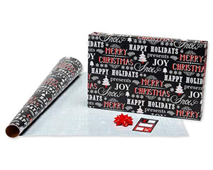 American Greetings Christmas Bulk Gift Wrapping Paper Set with Gridlines and Bows and Gift Tags; Red, Black and White, Plaid, Script, Reindeer and Snowflakes
