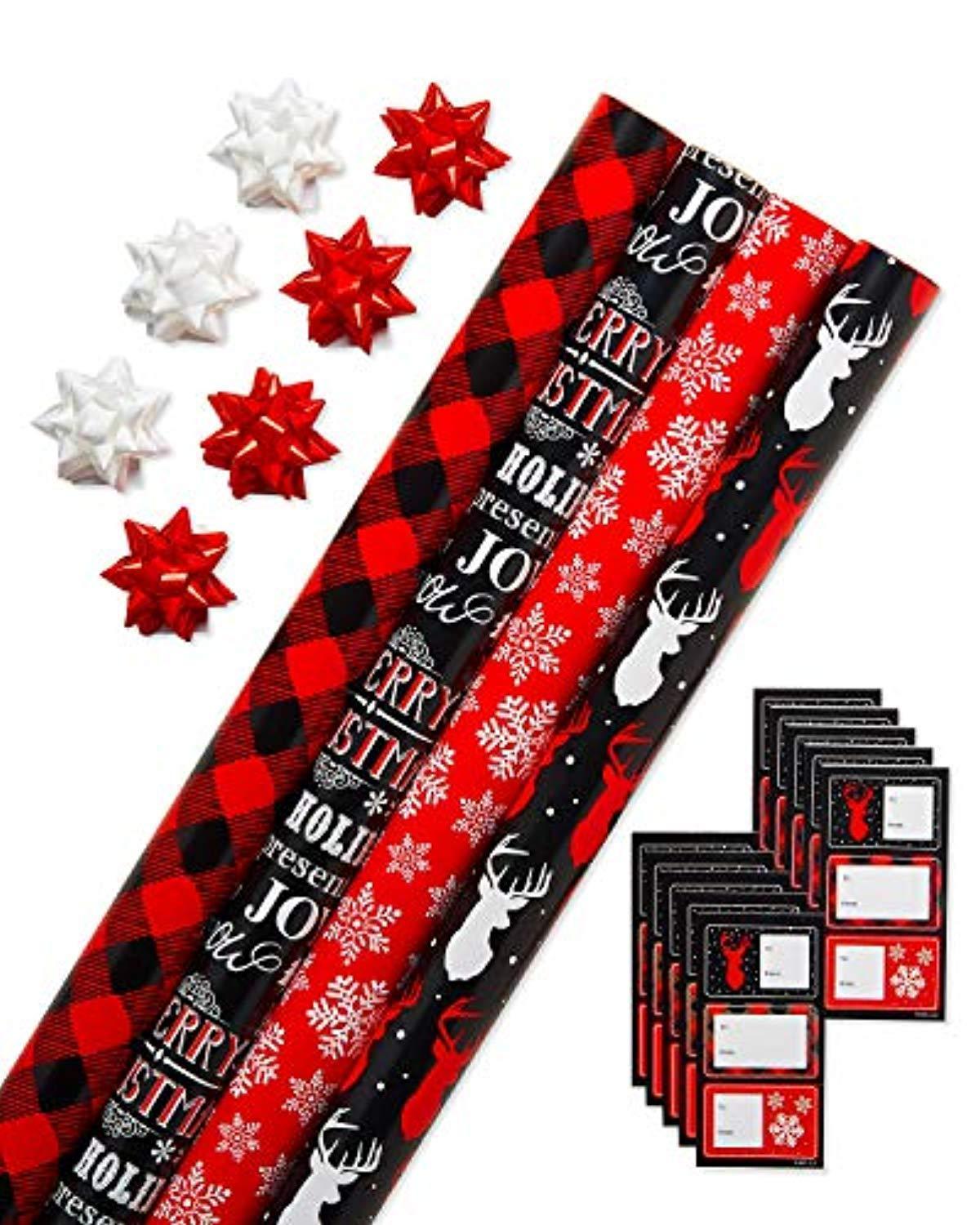 American Greetings Christmas Bulk Gift Wrapping Paper Set with Gridlines and Bows and Gift Tags; Red, Black and White, Plaid, Script, Reindeer and Snowflakes