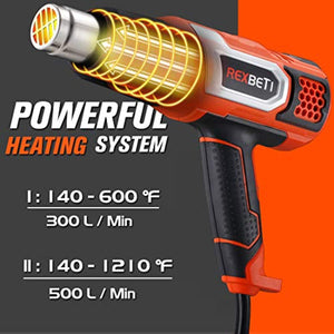 REXBETI 1800W Heat Gun, Portable Hot Air Gun 140℉-1210℉ with 2 Air Flow, Fast Heating in Seconds, 5 Accessories for Heat shrink tubing, Wrapping Drying Painting, Over-heat Protection