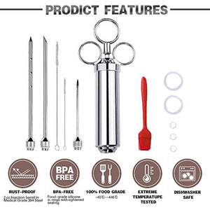 Upgraded Meat Injector Kit, Premium Medical Grade Stainless Steel Meat Syringe Kit with Marinade Needles, Spare O-Rings, Cleaning Brushes & Free Basting Brush - Great Tender, Juicy, Melt in your Mouth