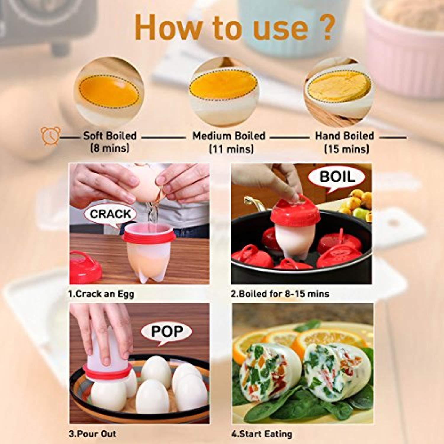 Egg Cooker 8 Pack Egg Poachers Egg Boiler - Hard Boiled Eggs without the Shell, BPA Free, Non Stick Silicone Egg Cups, AS SEEN ON TV, by MOOKZZ