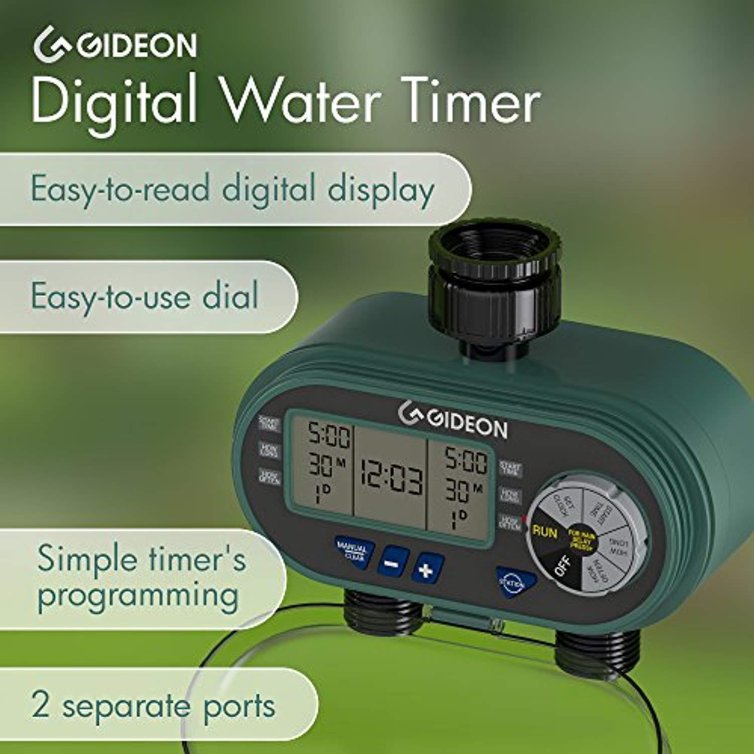 Gideon Electronic Dual-valve Hose Irrigation Water Timer Sprinkler System – Simple Hose Connection with Easy to Use Digital System