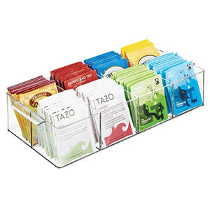 mDesign Compact Plastic Tea Storage Organizer Caddy Tote Bin - 8 Divided Sections, Built-in Handles - Holder for Tea Bags, Small Packets, Sweeteners - BPA free - Clear