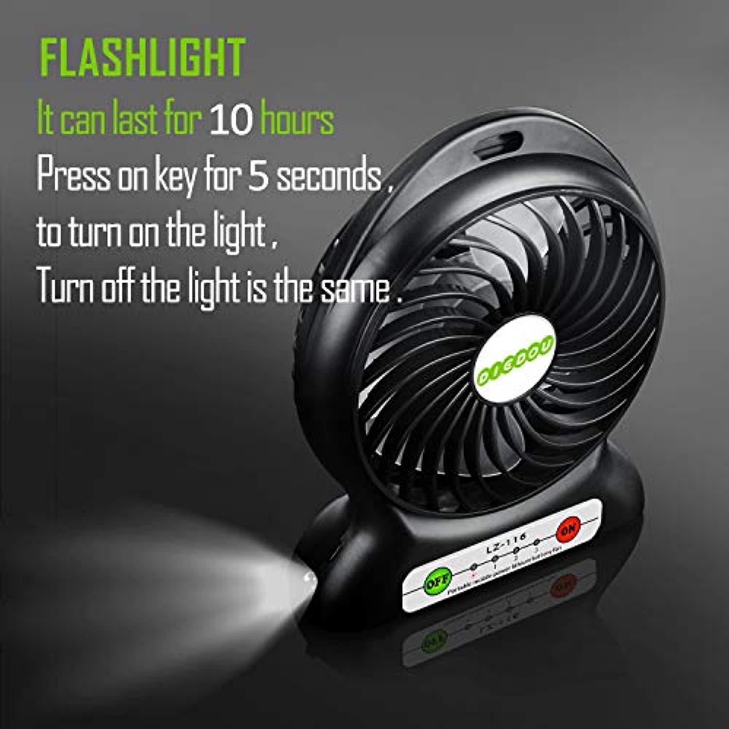 YOULANDA Battery Operated Fan, Personal Handheld USB Fan, Portable, Rechargeable, 3 Speeds, 2600 mAh Battery, Small Desk Fan with Internal and Side Light, Cooling for Travel,Camping, Boating,Fishing