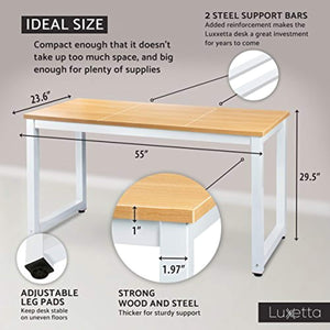 Luxxetta Office Computer Desk – 55” x 23” White Laminated Wooden Particleboard Table and Black Powder Coated Steel Frame - Work or Home – Easy Assembly - Tools and Instructions Included