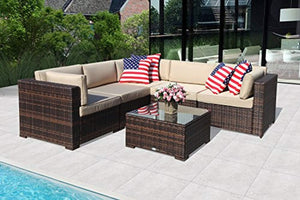 PATIOROMA Outdoor Furniture Sectional Sofa Set (6-Piece Set) All-Weather Brown PE Wicker with Beige Seat Cushions &Glass Coffee Table| Patio, Backyard, Pool| Steel Frame