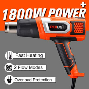 REXBETI 1800W Heat Gun, Portable Hot Air Gun 140℉-1210℉ with 2 Air Flow, Fast Heating in Seconds, 5 Accessories for Heat shrink tubing, Wrapping Drying Painting, Over-heat Protection